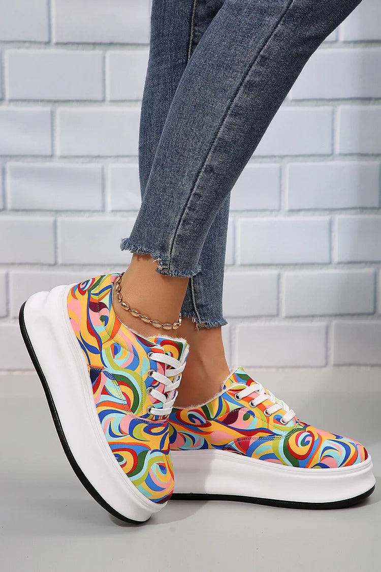 Multicolor Abstract Print Faux Fur Lined Round Toe Lace Up Sneakers