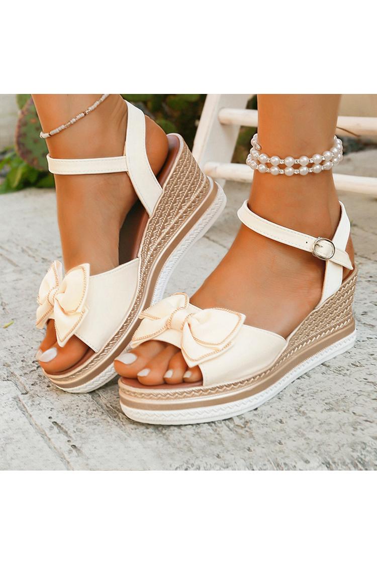 Sandali con zeppa casual con punta aperta, cinturino alla caviglia con fiocco decorato e fibbia