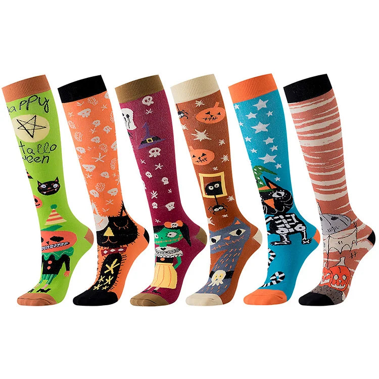 Happy Halloween Skull Over Ghost Print Color Block Pumpkin The Calf Socks
