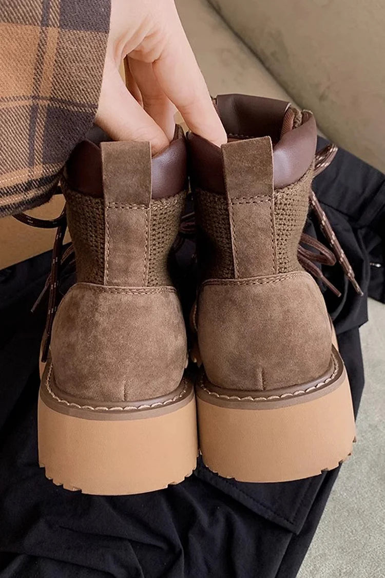 Sleek Patchwork Round Toe Lace Up Casual Ankle Boots