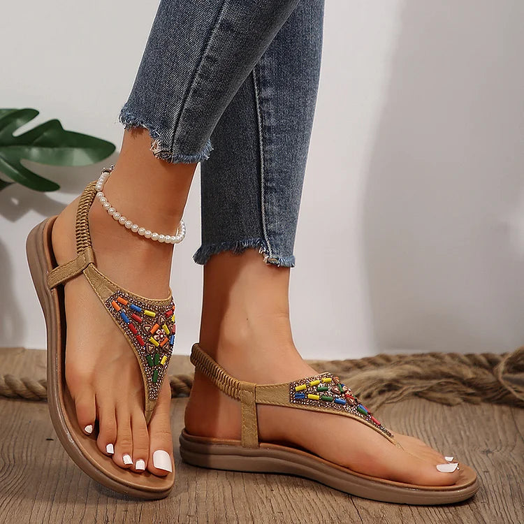 Sandali infradito retrò con perline e strass, fascia elastica, colorati