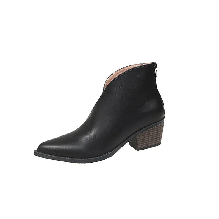 Stivaletti alla caviglia con tacco spesso, punta affilata, cerniera e patchwork in tinta unita