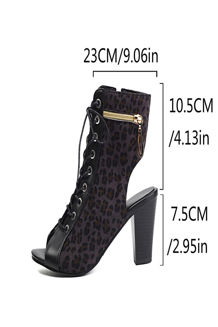 Sandali con cinturino posteriore, tacco grosso, lacci, punta aperta, cerniera e motivo leopardato