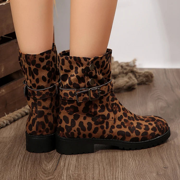 Metal Buttons Leopard Print Round Toe Low Block Heel Mid Boots