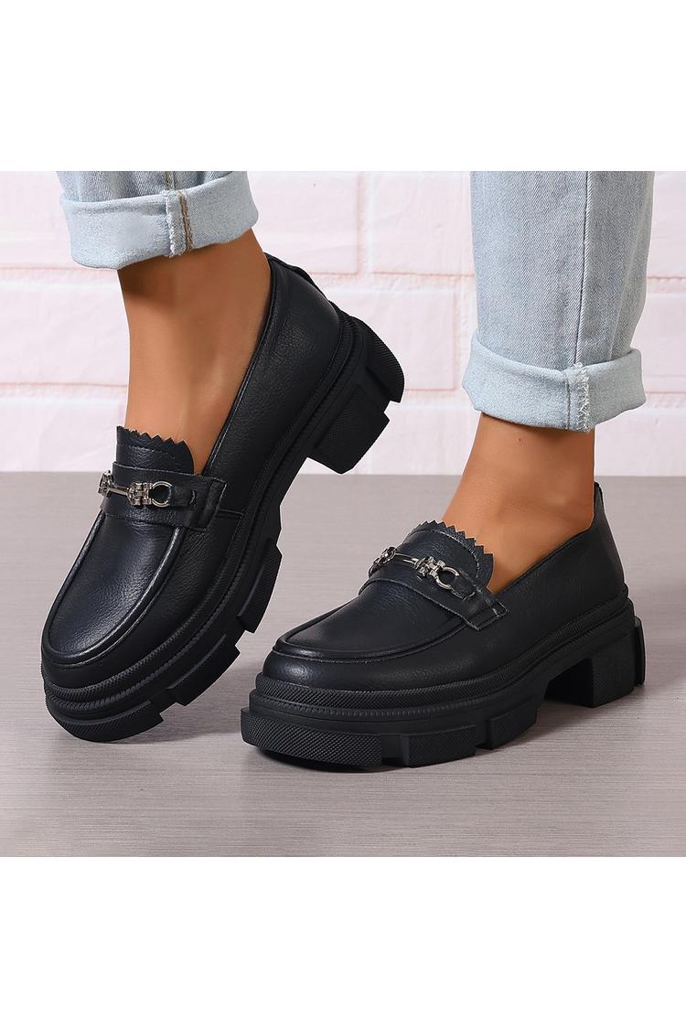 Metall Schnalle Dekor Einfarbig Runde Spitze Niedriger Blockabsatz Loafer