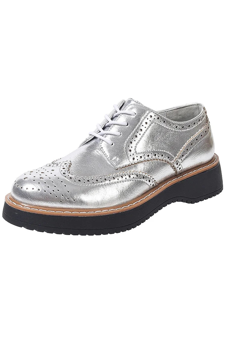 Sapatos Oxford Brogue com Atacadores, Biqueira Redonda, Patchwork com Brilho Metálico Deslumbrante