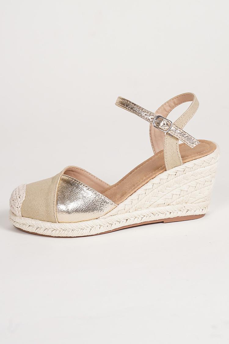 Sandali con zeppa e cinturino alla caviglia con punta tonda patchwork e fibbia