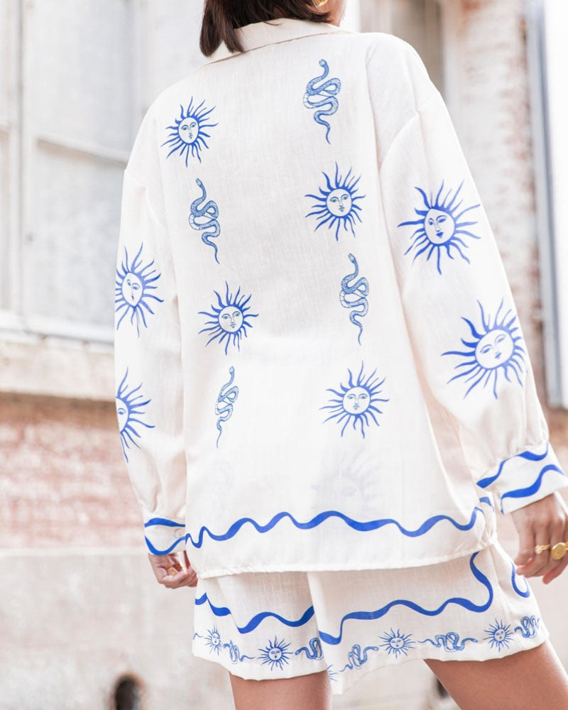 Chemise décontractée en lin à imprimé mode sophistiqué Cardigan Shorts