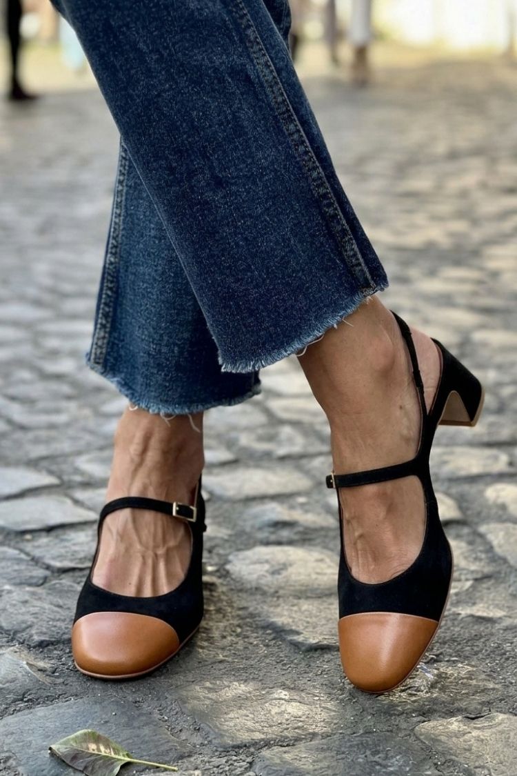 Instep Strap Buckle Colorblock Slingback Purple Chunky Heels
