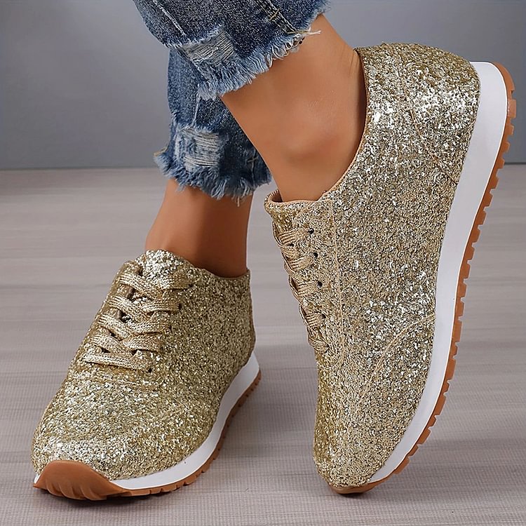 Sneakers leggere alla moda con punta tonda e lacci, con paillettes glitterate