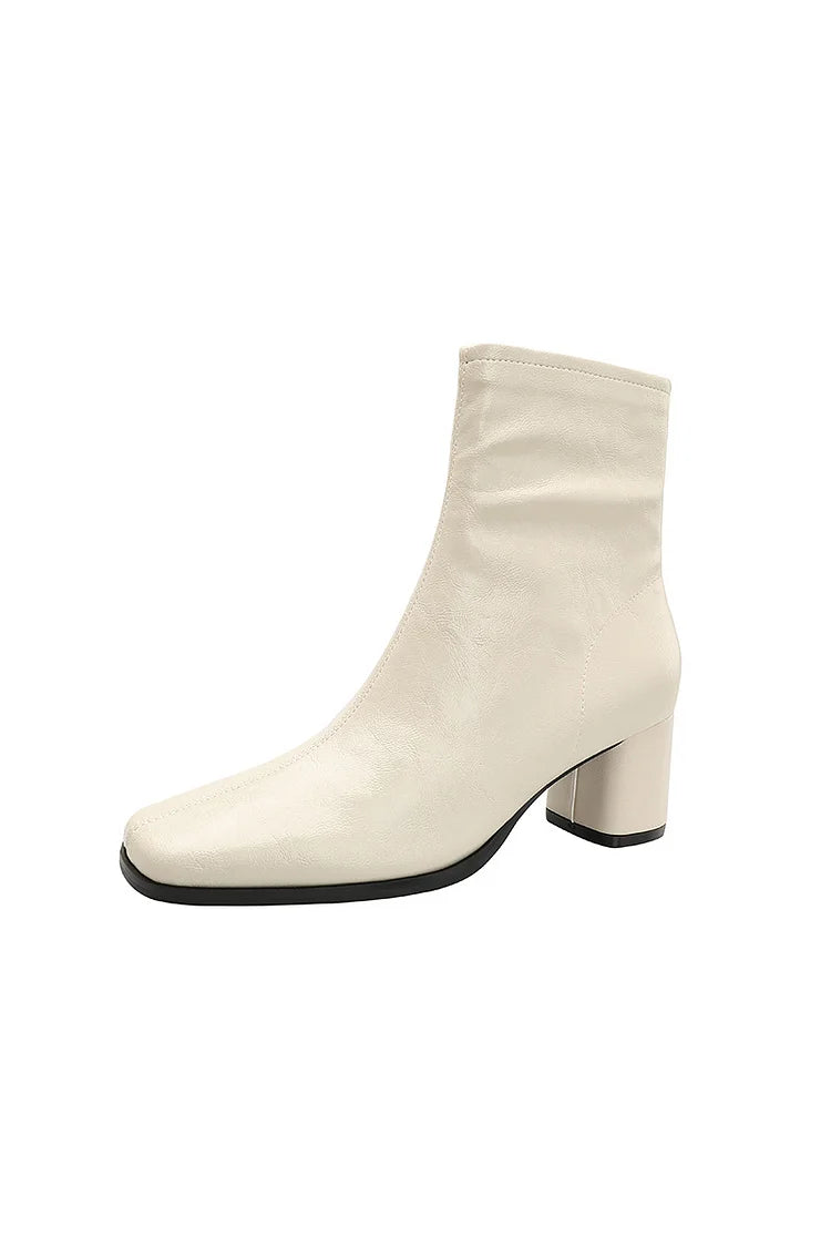 Botas de Cano Curto com Salto Grosso, Zíper, Biqueira Quadrada, Detalhe de Costura e Cor Sólida Elegante