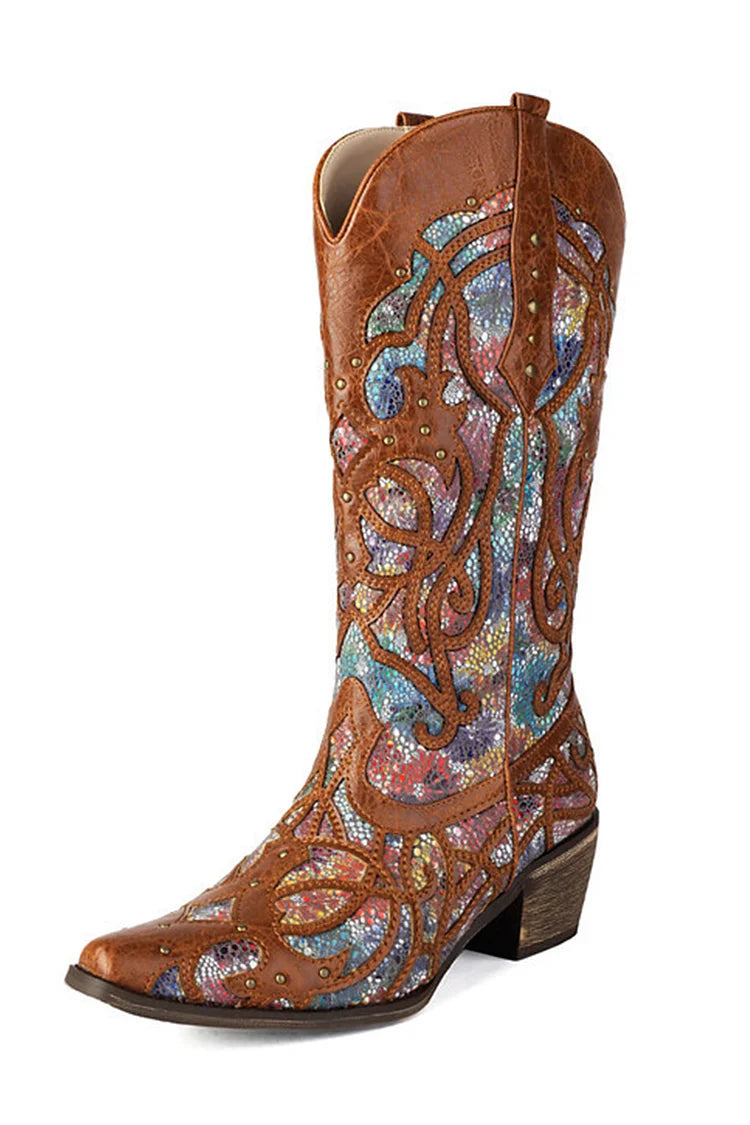 Stivali western con tacco grosso e borchie metalliche patchwork multicolori