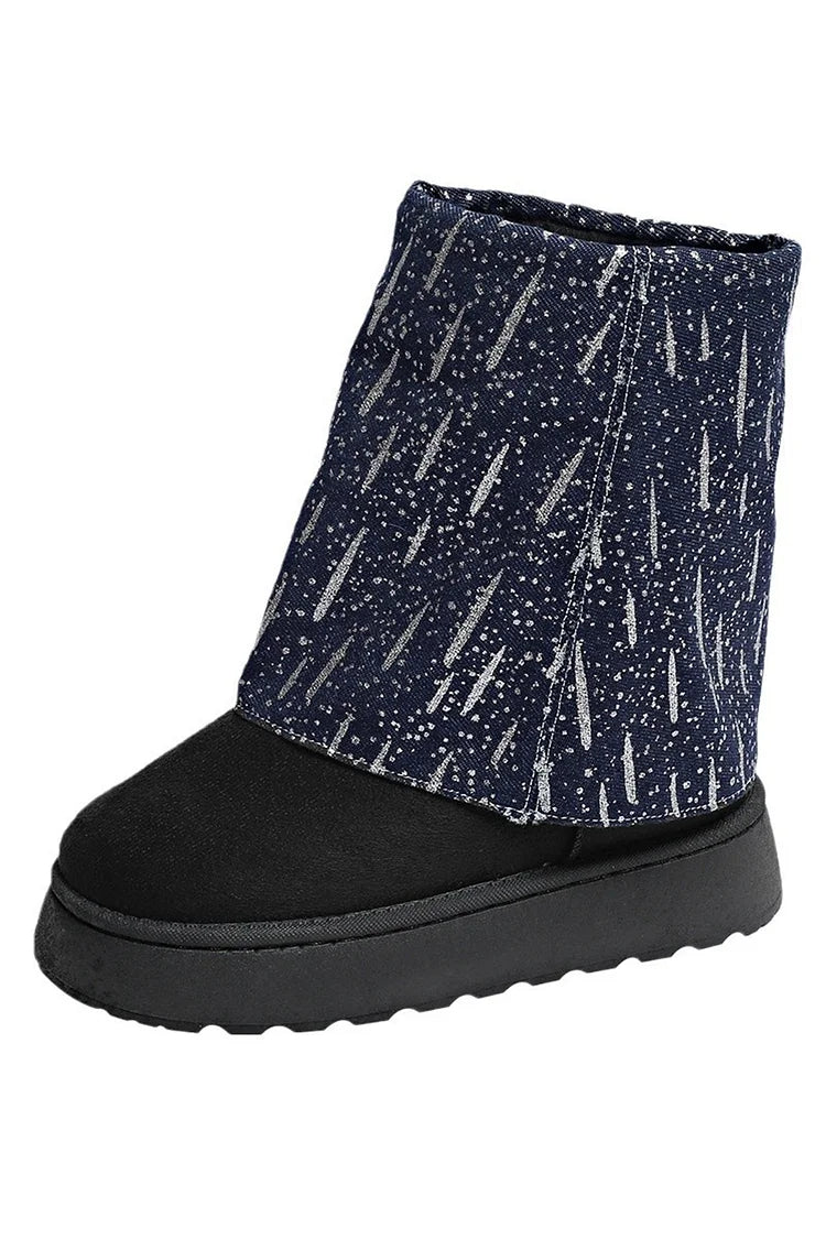 Stivali da neve con punta tonda e plateau basso, pieghe in patchwork di denim