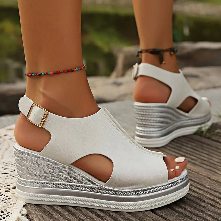 Quilted Slingback Toe Peep Strap Buckle Platform Wedge Sandals