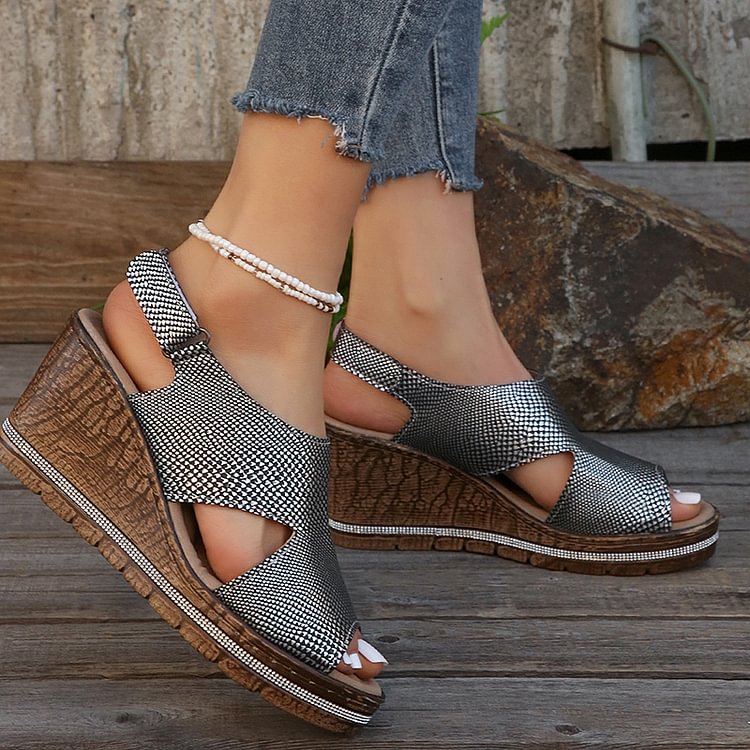 Polished Allover Print Cut Out Peep Toe Magic Stick Closure Platform Wedge Sandals