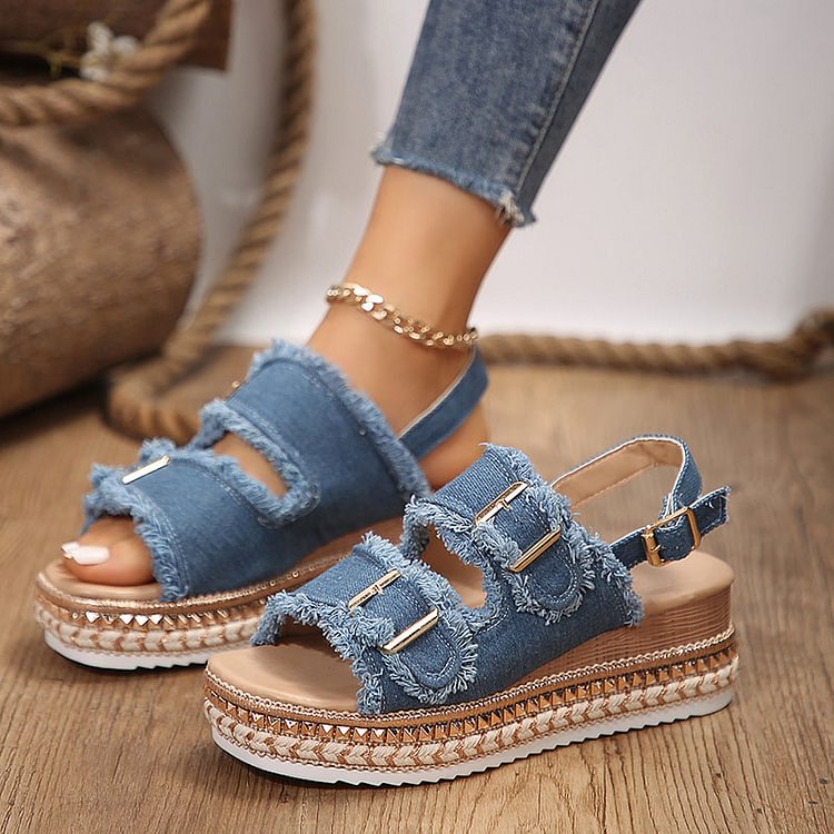 Frayed Raw Toe Buckles Peep Trim Slingback Strap Wedge Denim Sandals