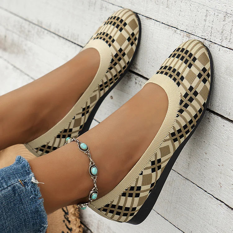 Fabulous Color Matching Geo Plaid Round Print Toe Lightweight On Casual Slip Flats