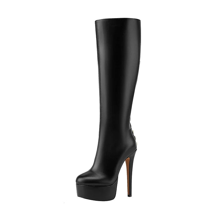 Stivali alti fino al ginocchio con punta tonda, tacco a spillo, cerniera decorativa, rivetti in metallo