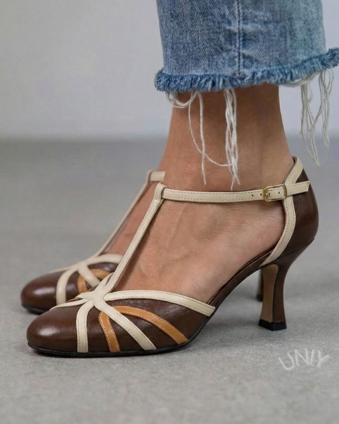 Retro Two-Tone Colorblock T-Strap Multi-Strap Mid Heels