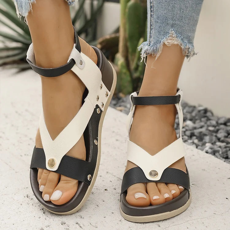 Patchwork Leopard Print Metal Rivets Round Toe Wedge Sandals