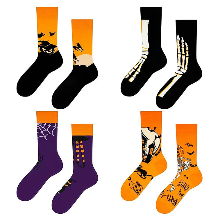 Halloween Haunted House Mid Skull Sunset Crow Print Calf Pumpkin Socks
