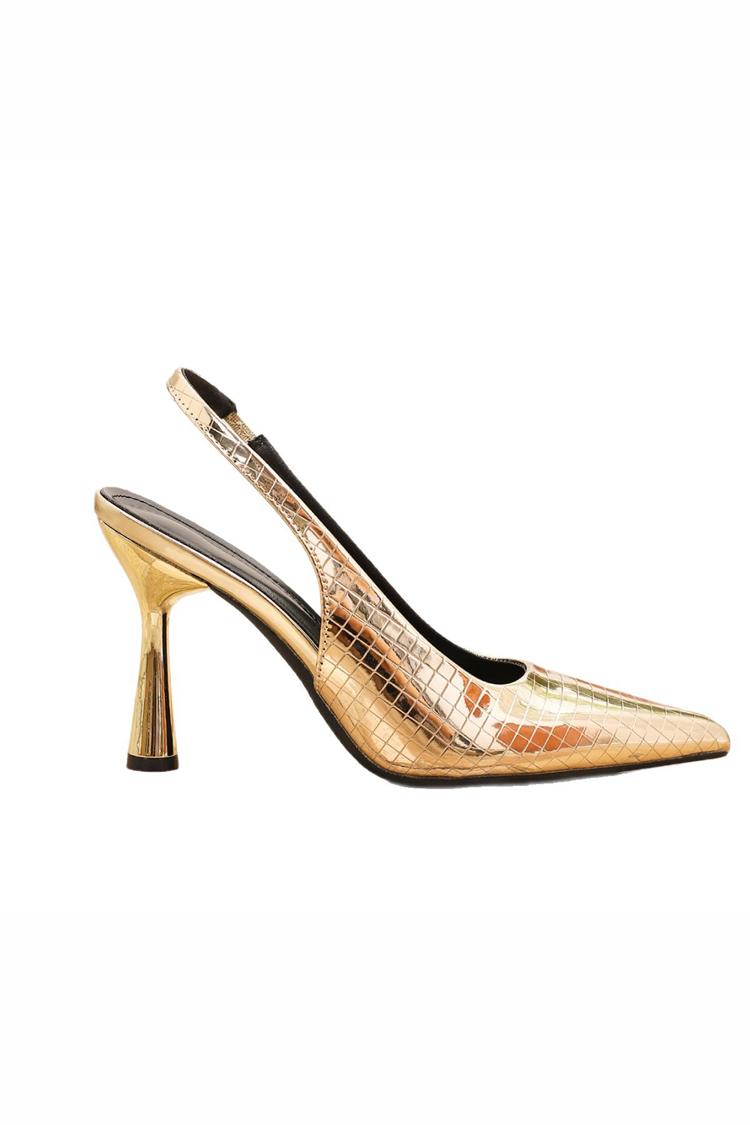 Scarpe con tacco a spillo con cinturino posteriore e motivo a griglia con lucentezza metallica