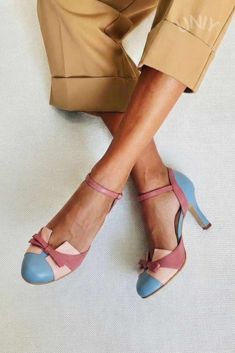 Escarpins élégants à talons hauts avec bride de cheville et nœud bicolore polyvalent