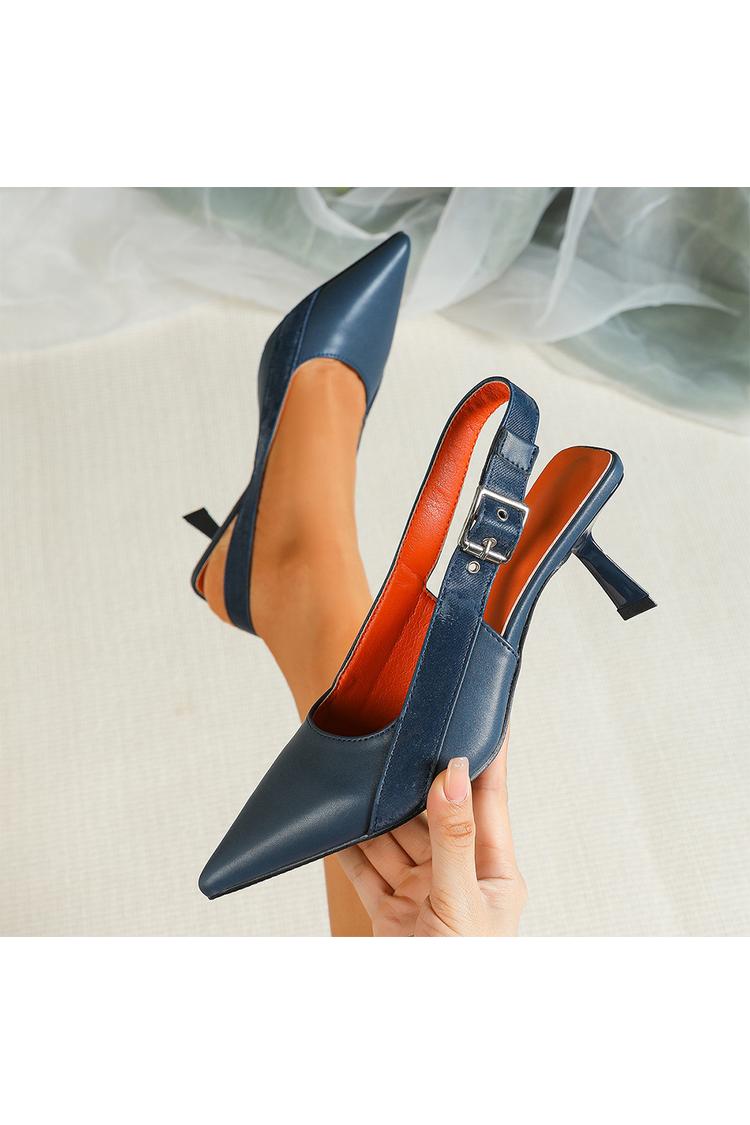 Scarpe con tacco a spillo, punta affilata, cinturino con fibbia e patchwork