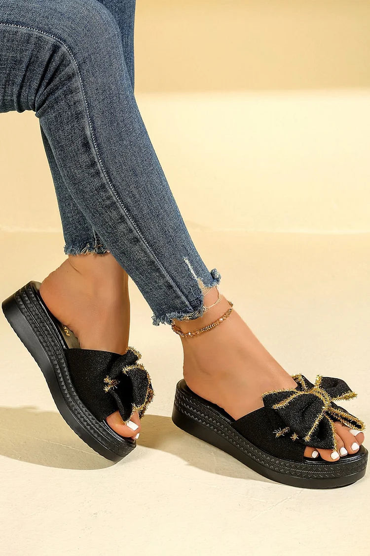 Contrast Trim Bow Decor Round Toe Casual Platform Slippers