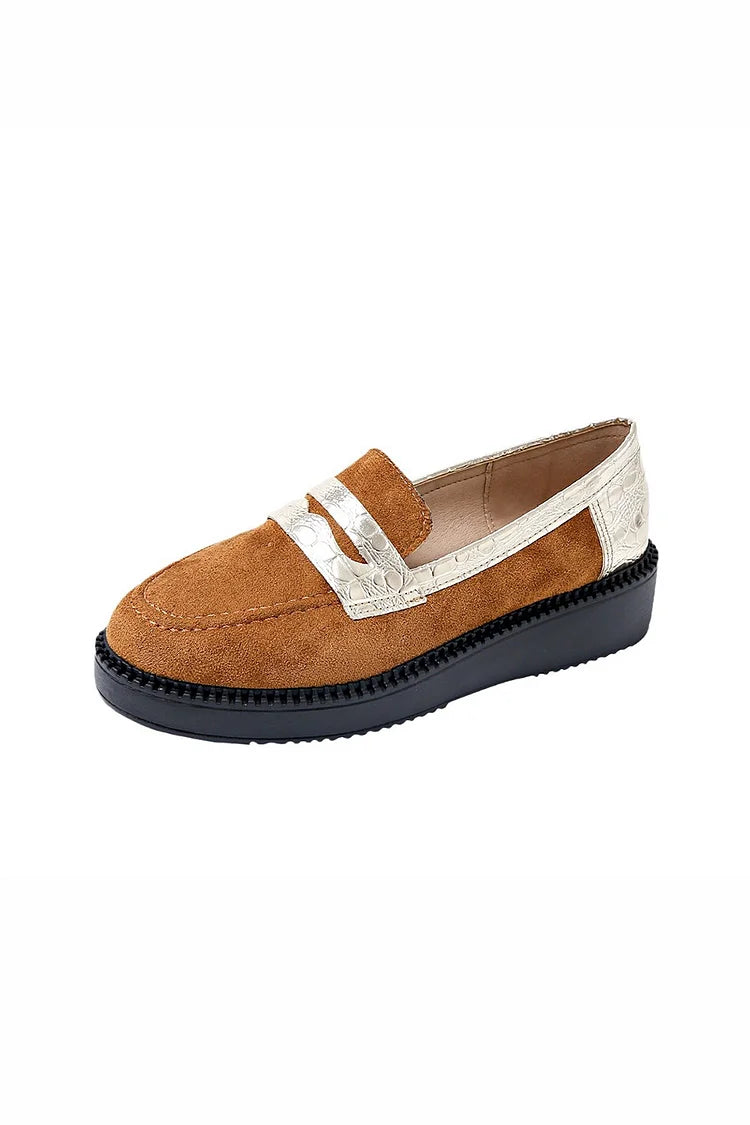 Mocassini casual slip-on con punta tonda e patchwork metallizzato lucido