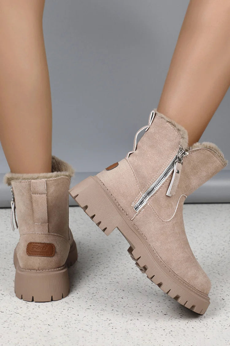 Botas de neve com salto grosso e forro de pele sintética com bico redondo e zíper