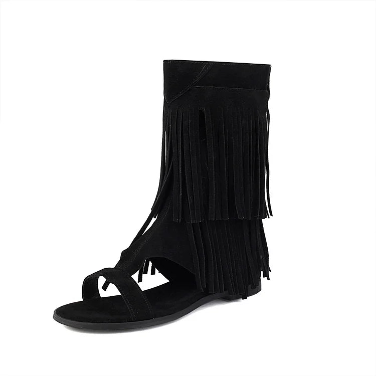 Sandały botki na wysokim obcasie z zamkiem błyskawicznym, odkrytymi palcami, ozdobione frędzlami w jednolitym kolorze