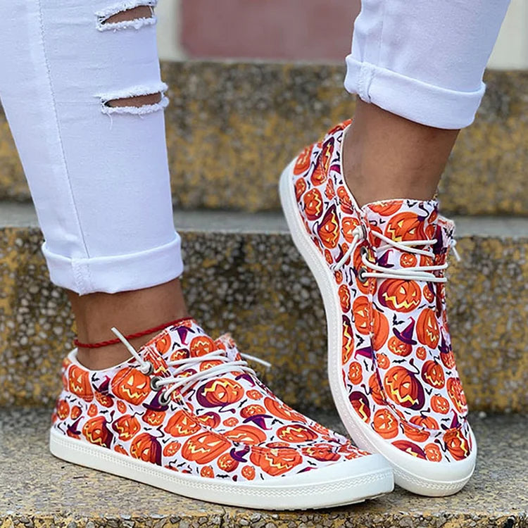 Chaussures décontractées à lacets avec imprimé citrouille squelette coloré d'Halloween