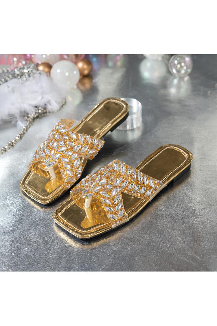 Ciabatte infradito multicolor con punta quadrata e decorazioni in strass