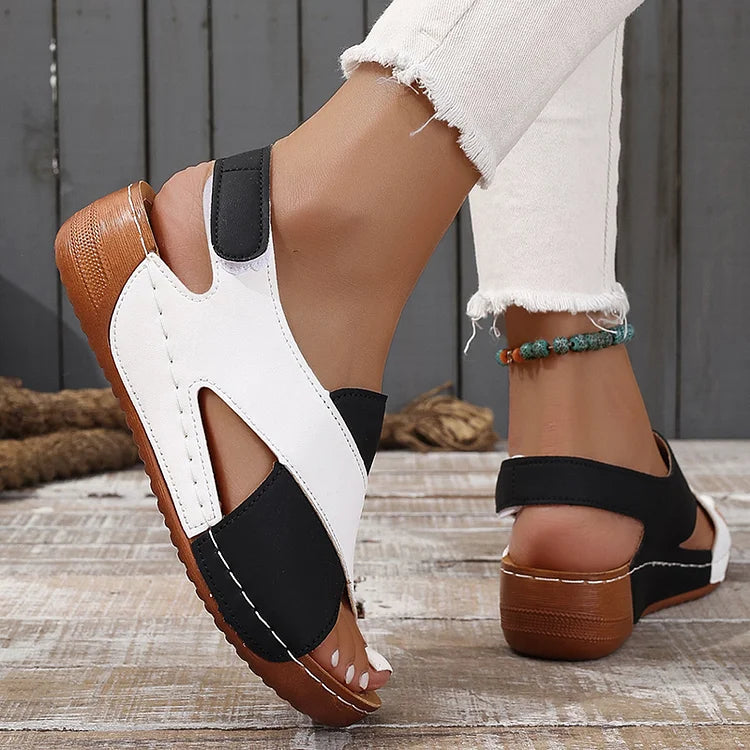 Farbblock Cut-Out Naht Plateau Slingback Magischer Riemen Klettverschluss Sandalen