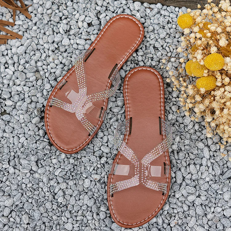 Polished Rhinestone Embellished Transparent Strap Quilted Toe Round Slippers