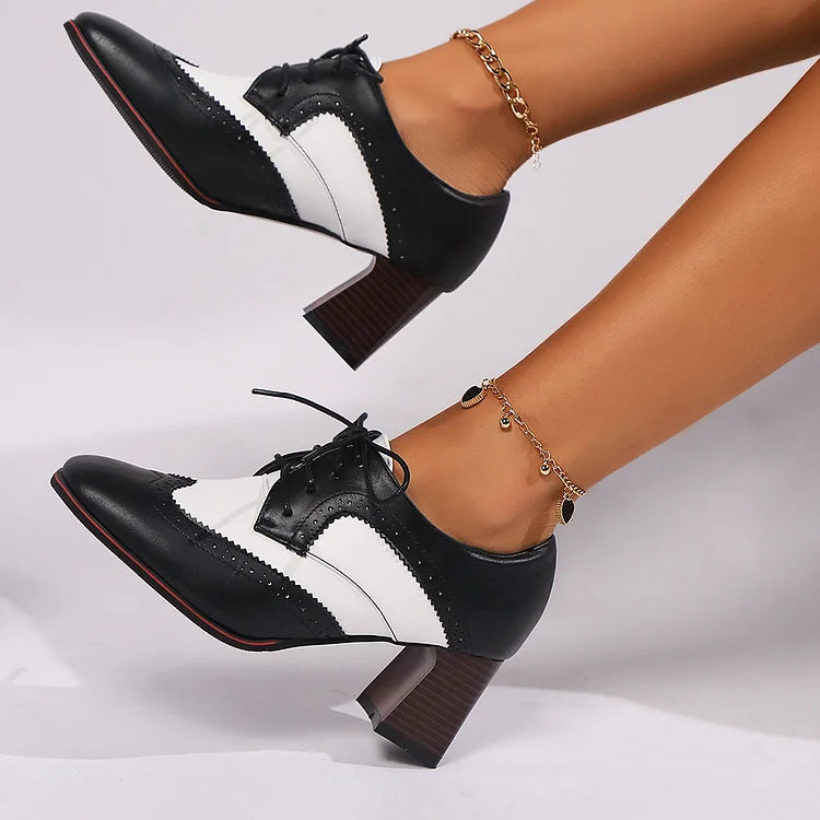Colorblock Square Toe Patchwork Lace Up Chunky Heels