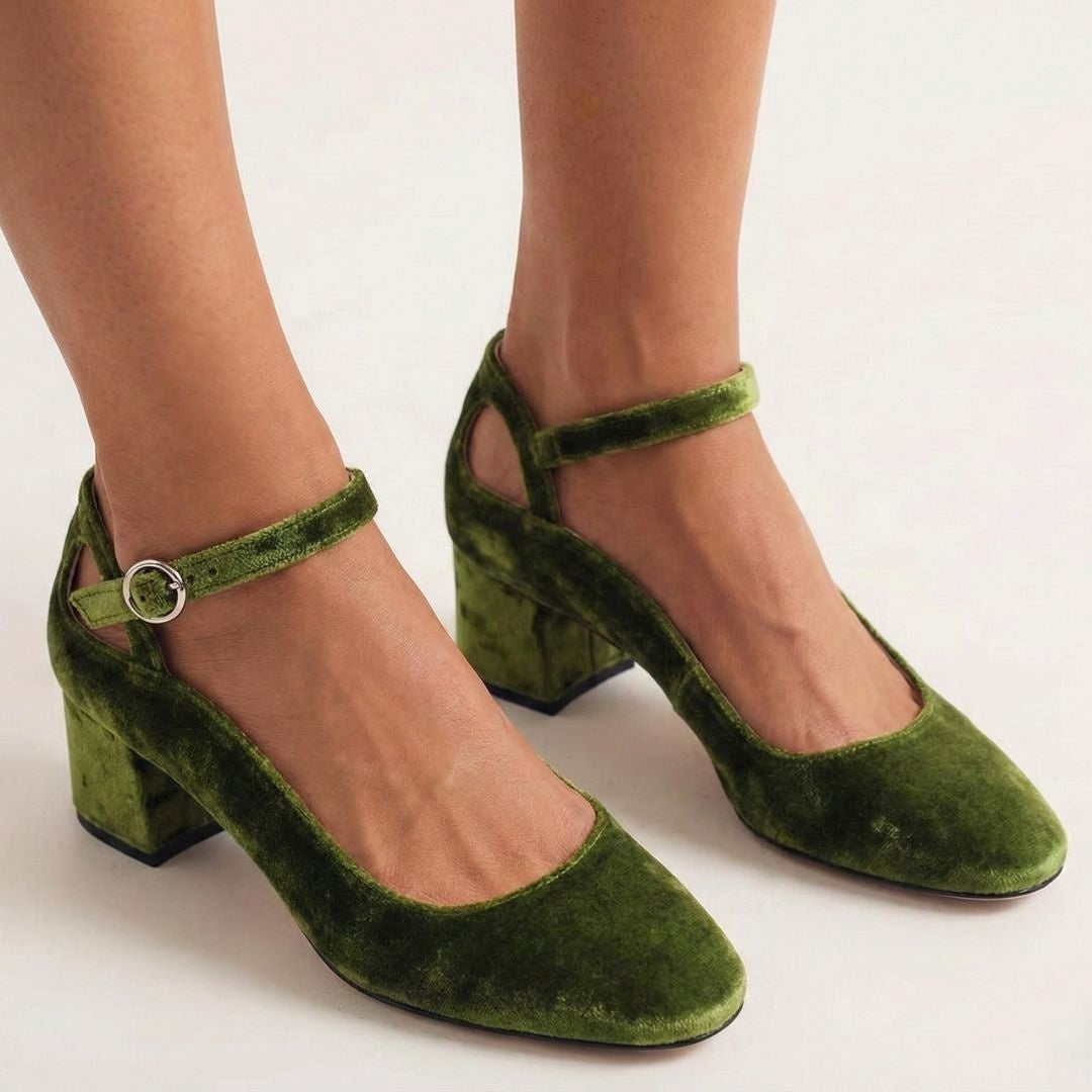 Retro Green Velvet Round Toe Ankle Strap Block Heel Pumps