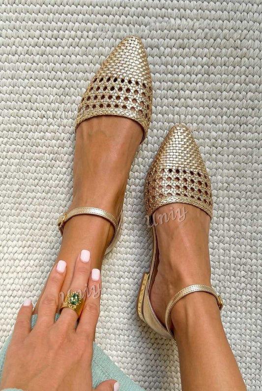 Woven Pointed Toe Ankle Strap Flat Sandals [Pre Order]