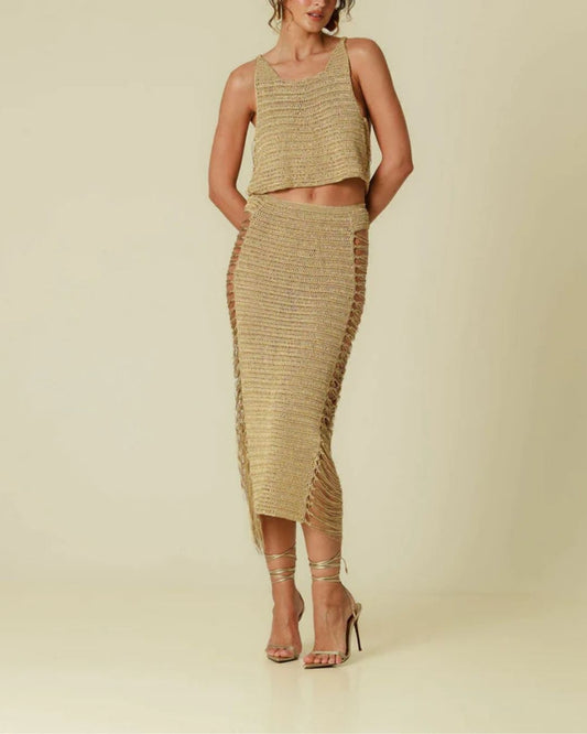 Sexy goldfarbenes Häkel-Top mit seitlichen Ausschnitten und Midirock-Set