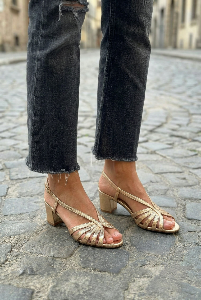 Strappy Sunburst Open Toe Block Slingback Sandals [Pre Order]