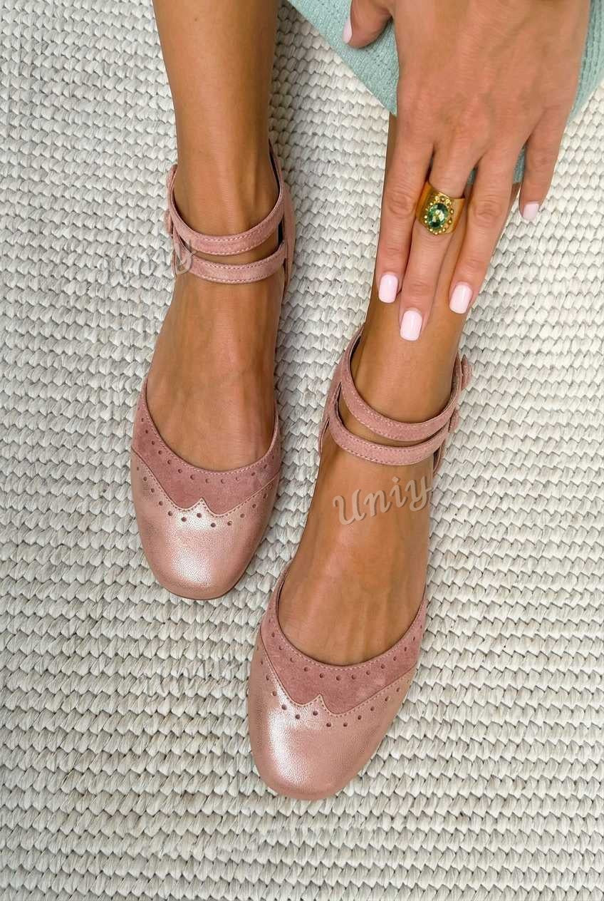 Perforated Scalloped Round Toe Double Strap Flats [Pre Order]