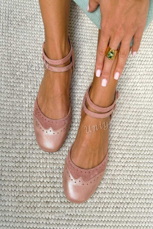 Perforated Scalloped Round Toe Double Strap Flats [Pre Order]