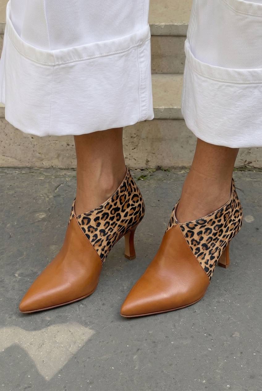 Patchwork Asymmetric PointedToe Flared Heel Booties [Pre Order]