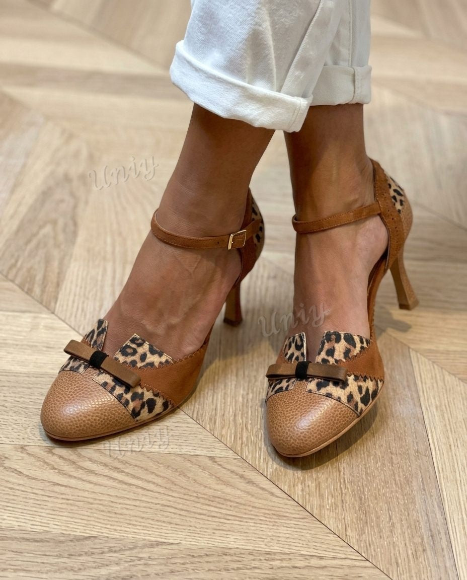 Bow Detail Round Toe Ankle Strap Flared Heel Pumps [Pre Order]