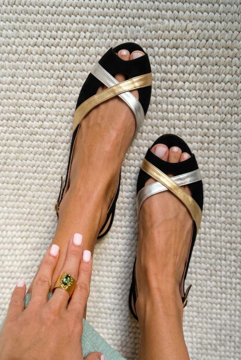 Metallic Crisscross Peep Toe Slingback Sandals [Pre Order]