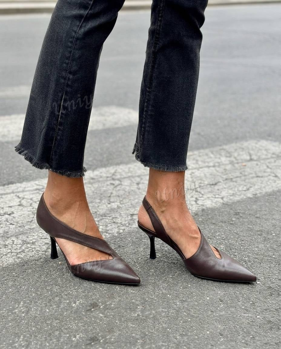Asymmetric Cutout Pointed Toe Slingback Kitten Heels [Pre Order]