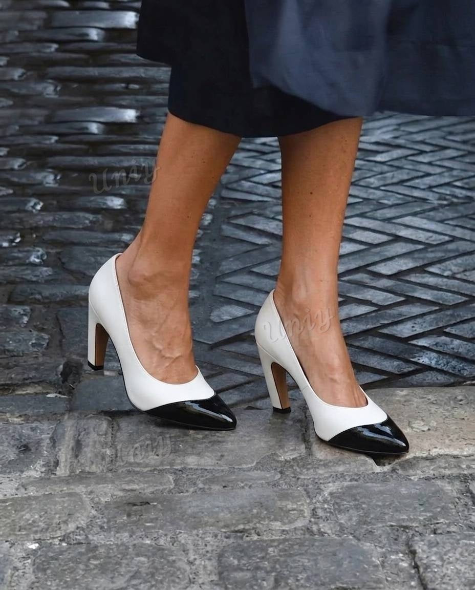 Patent Pointed Cap Toe Chunky Heel Dress Pumps [Pre Order]