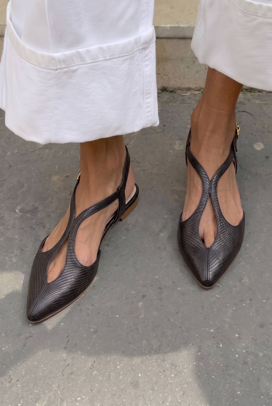 Embossed Cutout Pointed Toe Flat Slingback Sandals [Pre Order]