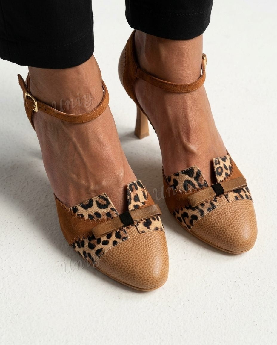 Bowknot Patchwork Pointed Toe Ankle Strap Kitten Heel PumpsCOLOR: Leopard [Pre Order]